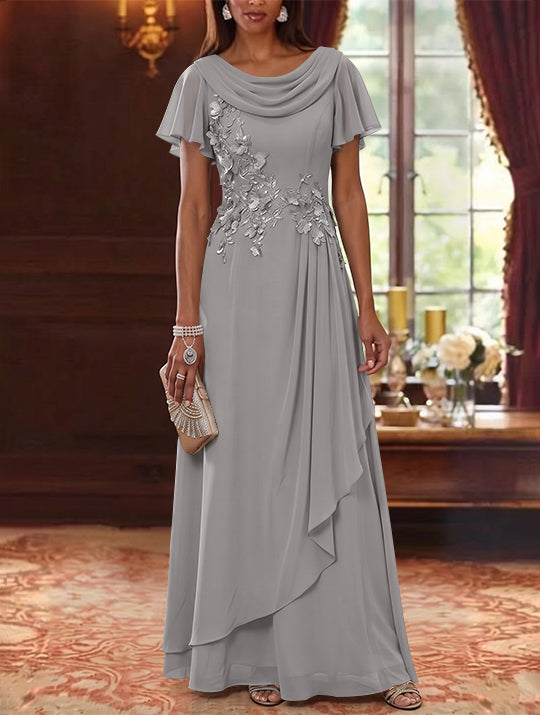 A-Line/Princess Cowl Neck Chiffon Mother of the Bride Dresses Floral Short Sleeves Floor-Length Ruffles