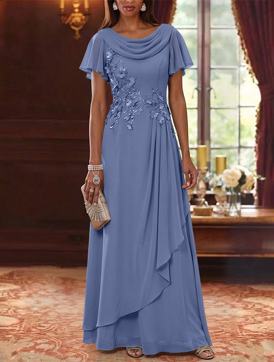 A-Line/Princess Cowl Neck Chiffon Mother of the Bride Dresses Floral Short Sleeves Floor-Length Ruffles