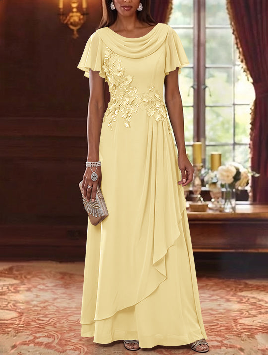 A-Line/Princess Cowl Neck Chiffon Mother of the Bride Dresses Floral Short Sleeves Floor-Length Ruffles