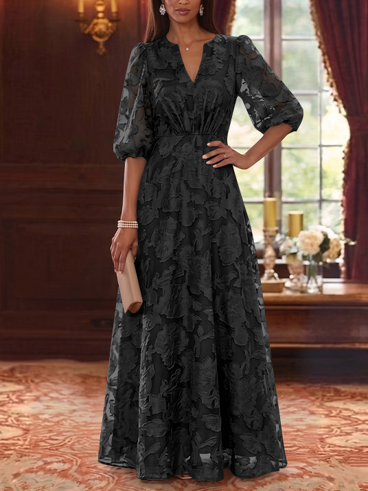 A-Line/Princess V-Neck Chiffon Floral Mother of the Bride Dresses Floor-Length Half Sleeves