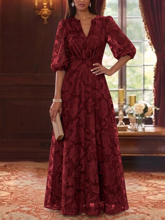 A-Line/Princess V-Neck Chiffon Floral Mother of the Bride Dresses Floor-Length Half Sleeves