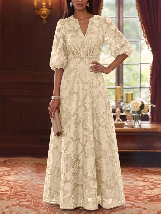 A-Line/Princess V-Neck Chiffon Floral Mother of the Bride Dresses Floor-Length Half Sleeves