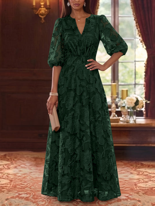 A-Line/Princess V-Neck Chiffon Floral Mother of the Bride Dresses Floor-Length Half Sleeves
