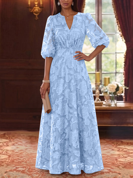 A-Line/Princess V-Neck Chiffon Floral Mother of the Bride Dresses Floor-Length Half Sleeves