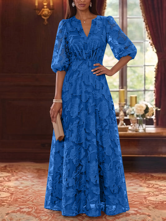 A-Line/Princess V-Neck Chiffon Floral Mother of the Bride Dresses Floor-Length Half Sleeves