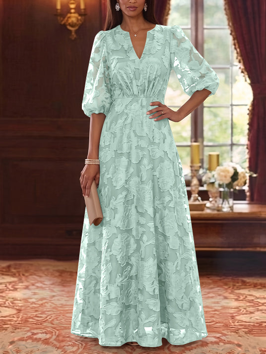 A-Line/Princess V-Neck Chiffon Floral Mother of the Bride Dresses Floor-Length Half Sleeves