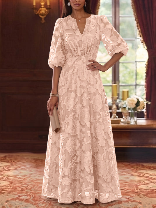 A-Line/Princess V-Neck Chiffon Floral Mother of the Bride Dresses Floor-Length Half Sleeves