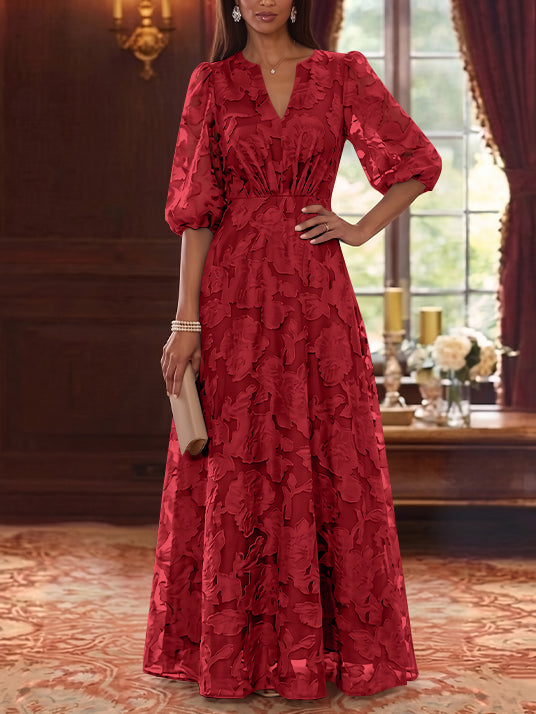 A-Line/Princess V-Neck Chiffon Floral Mother of the Bride Dresses Floor-Length Half Sleeves