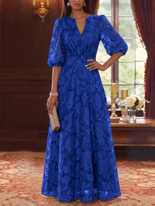 A-Line/Princess V-Neck Chiffon Floral Mother of the Bride Dresses Floor-Length Half Sleeves