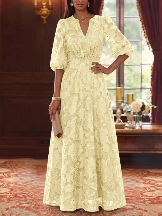 A-Line/Princess V-Neck Chiffon Floral Mother of the Bride Dresses Floor-Length Half Sleeves