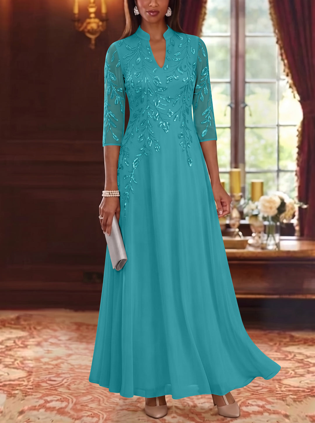A-Line/Princess V-Neck Chiffon Mother of the Bride Dresses Lace Sequins 3/4 Sleeves Ankle-Length