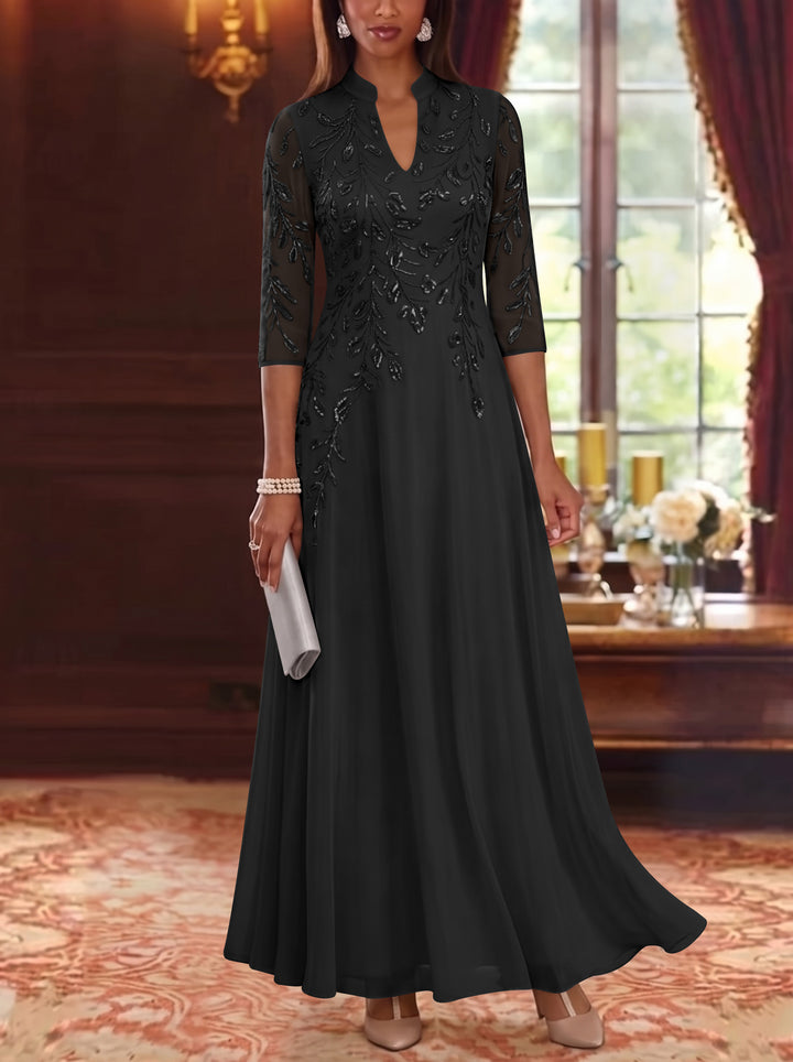 A-Line/Princess V-Neck Chiffon Mother of the Bride Dresses Lace Sequins 3/4 Sleeves Ankle-Length