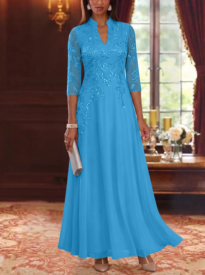 A-Line/Princess V-Neck Chiffon Mother of the Bride Dresses Lace Sequins 3/4 Sleeves Ankle-Length