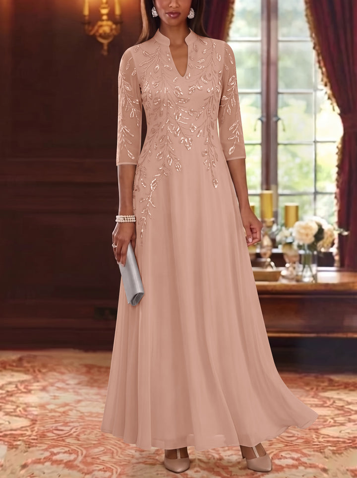 A-Line/Princess V-Neck Chiffon Mother of the Bride Dresses Lace Sequins 3/4 Sleeves Ankle-Length