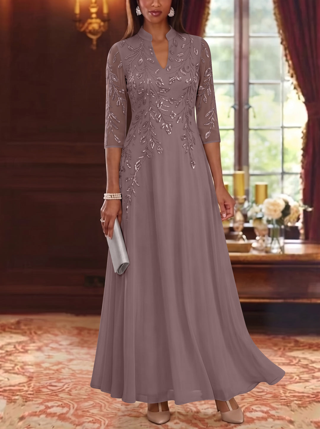 A-Line/Princess V-Neck Chiffon Mother of the Bride Dresses Lace Sequins 3/4 Sleeves Ankle-Length