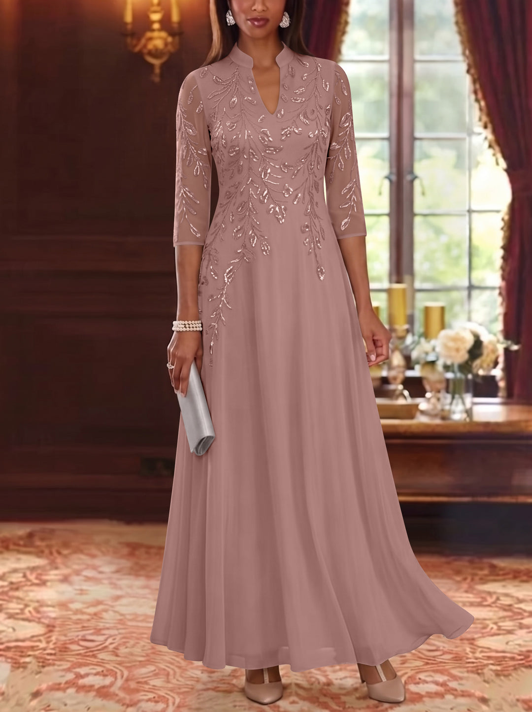 A-Line/Princess V-Neck Chiffon Mother of the Bride Dresses Lace Sequins 3/4 Sleeves Ankle-Length