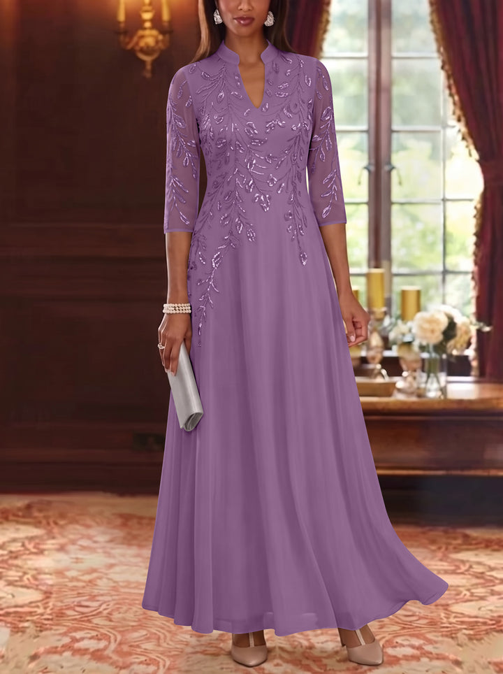 A-Line/Princess V-Neck Chiffon Mother of the Bride Dresses Lace Sequins 3/4 Sleeves Ankle-Length
