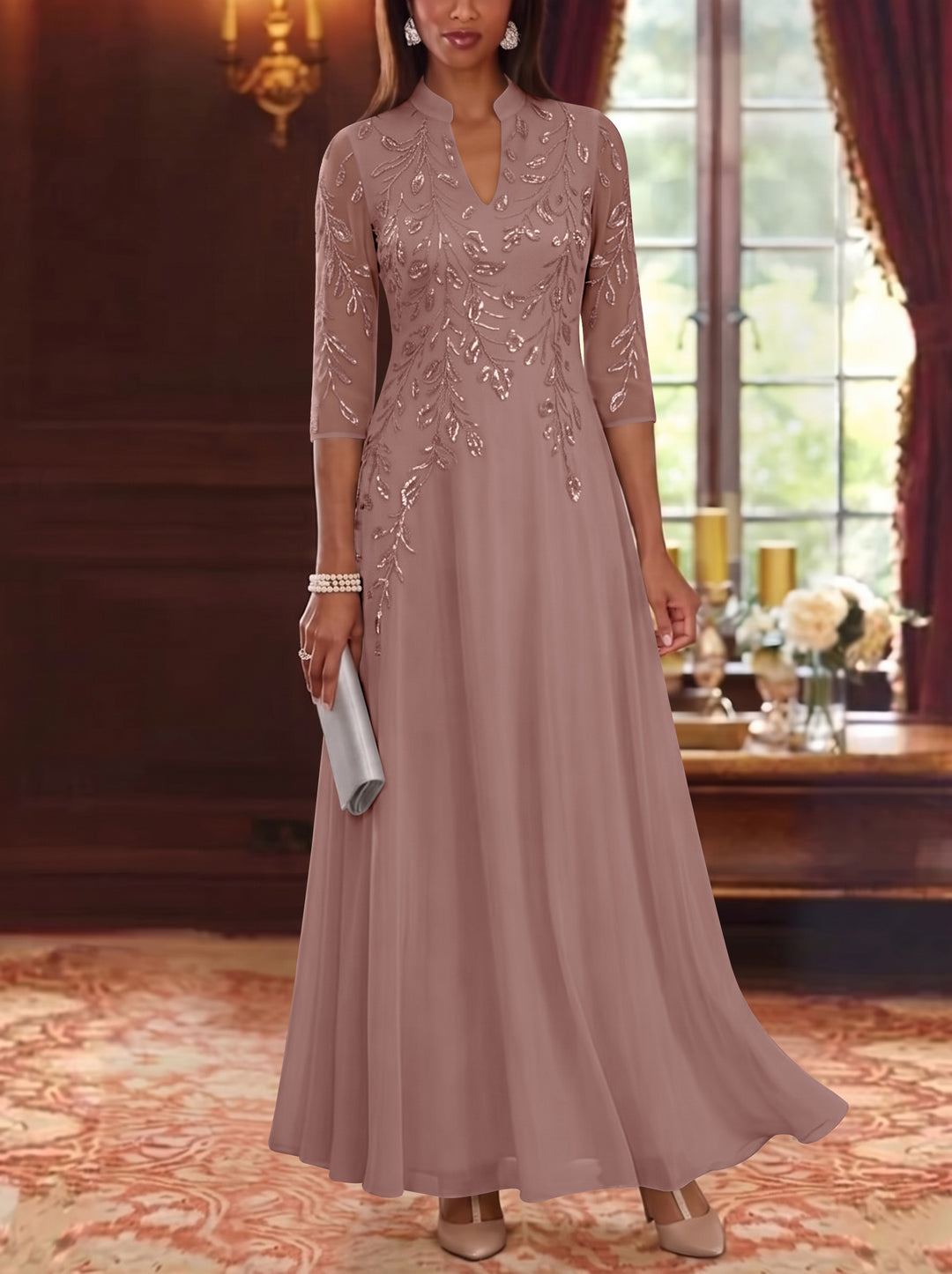 A-Line/Princess V-Neck Chiffon Mother of the Bride Dresses Lace Sequins 3/4 Sleeves Ankle-Length
