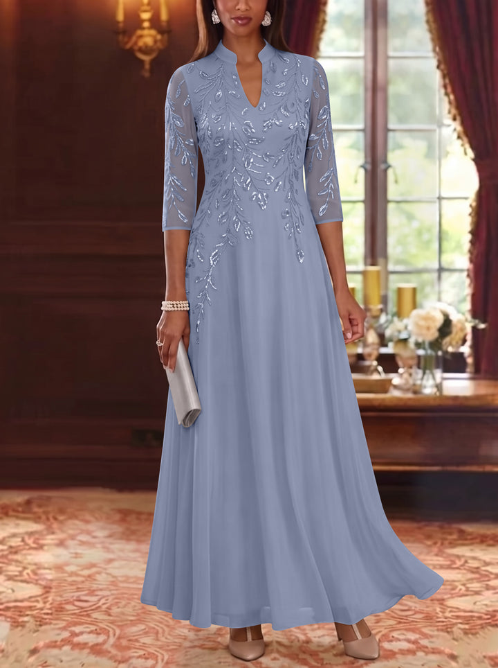 A-Line/Princess V-Neck Chiffon Mother of the Bride Dresses Lace Sequins 3/4 Sleeves Ankle-Length
