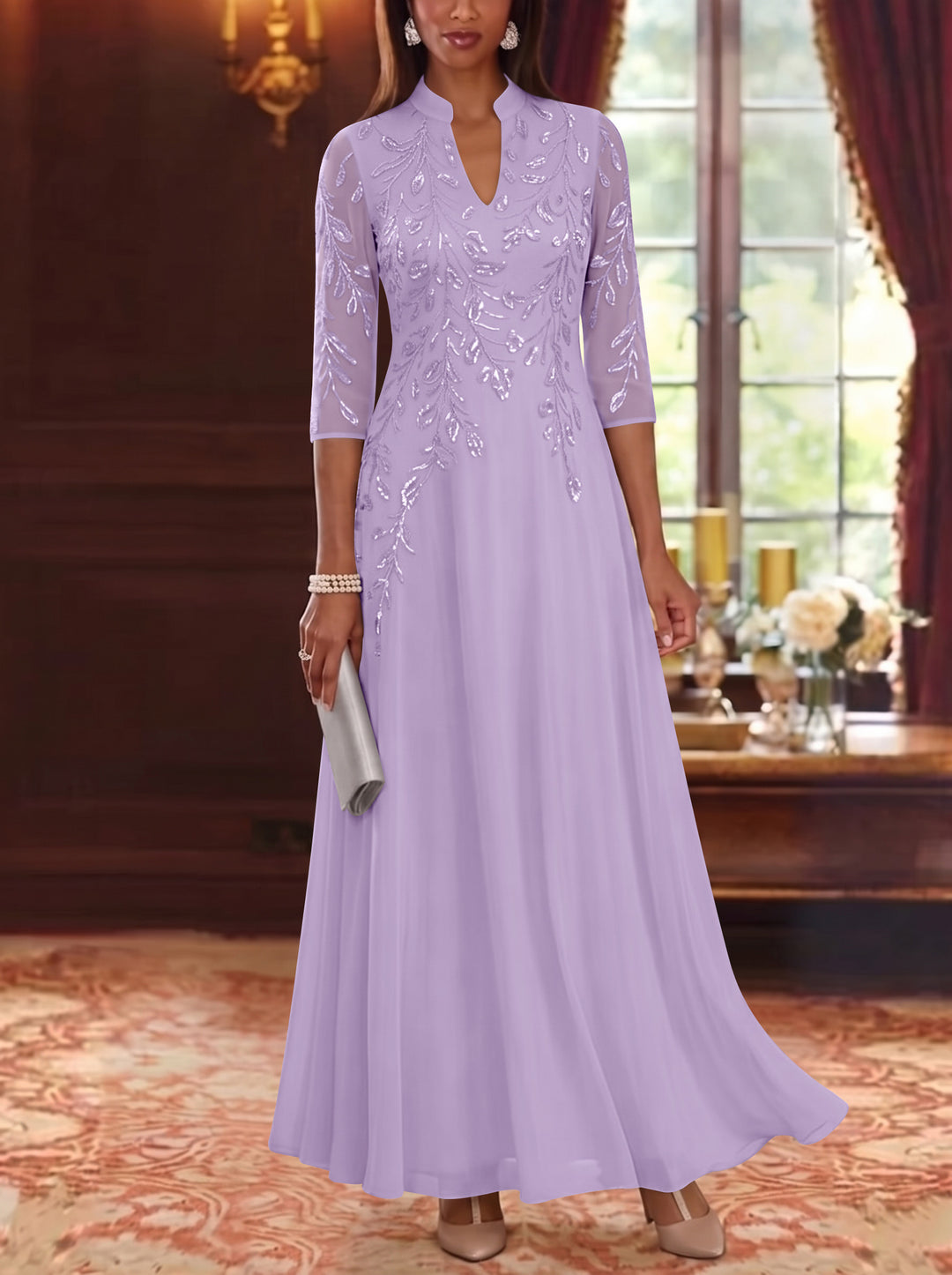 A-Line/Princess V-Neck Chiffon Mother of the Bride Dresses Lace Sequins 3/4 Sleeves Ankle-Length