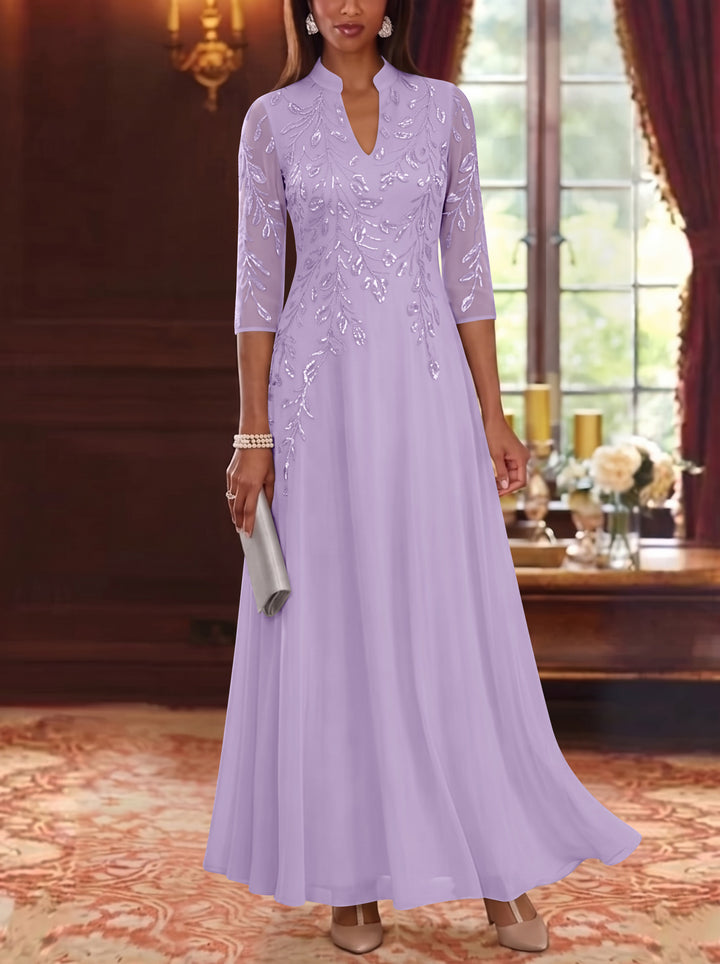 A-Line/Princess V-Neck Chiffon Mother of the Bride Dresses Lace Sequins 3/4 Sleeves Ankle-Length