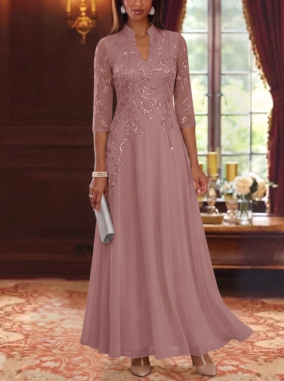 A-Line/Princess V-Neck Chiffon Mother of the Bride Dresses Lace Sequins 3/4 Sleeves Ankle-Length