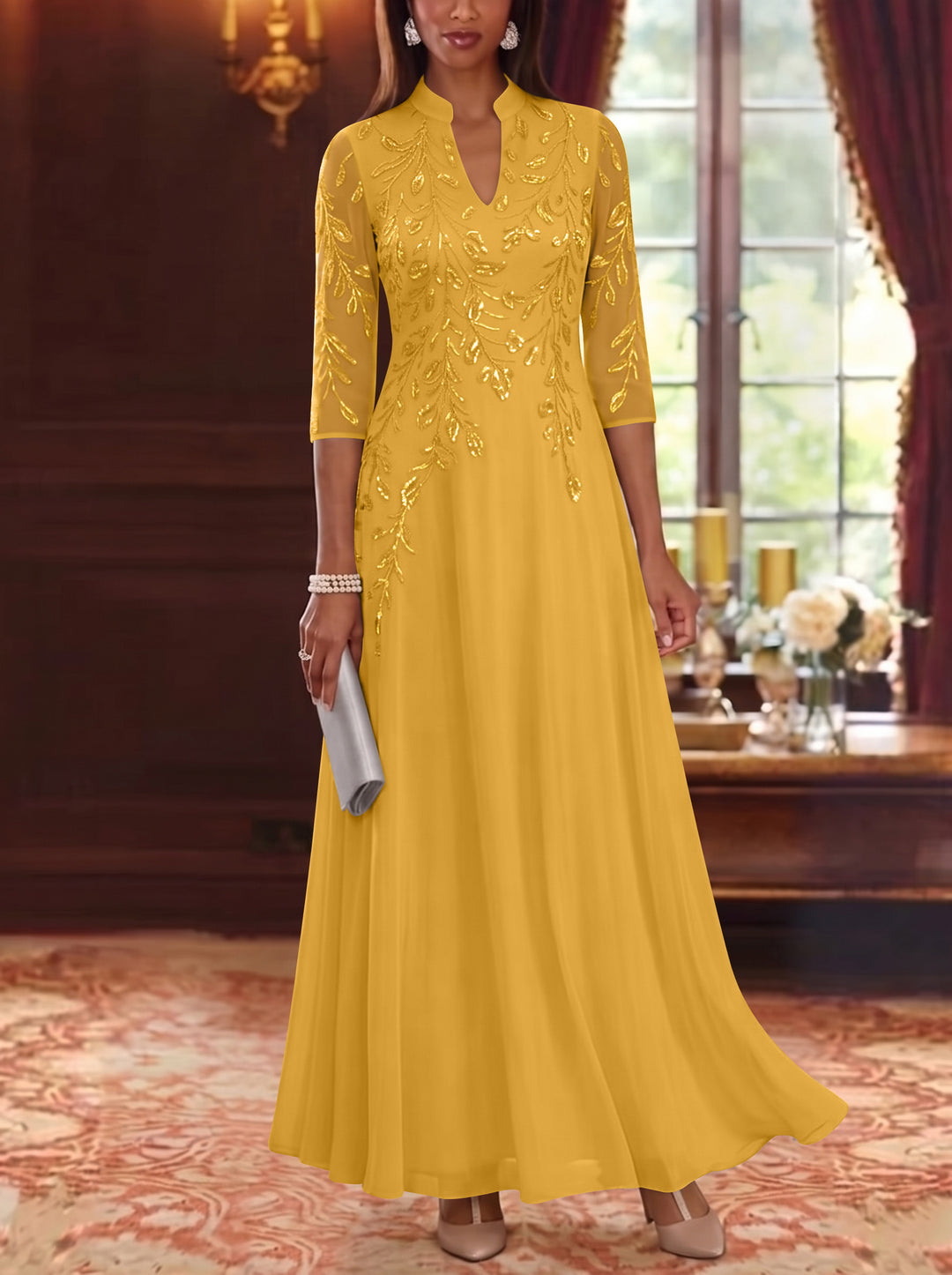 A-Line/Princess V-Neck Chiffon Mother of the Bride Dresses Lace Sequins 3/4 Sleeves Ankle-Length