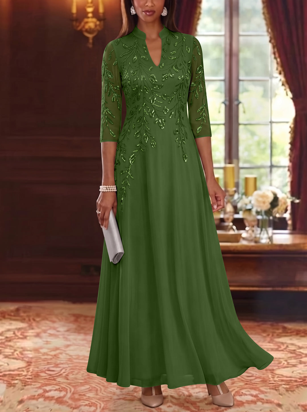 A-Line/Princess V-Neck Chiffon Mother of the Bride Dresses Lace Sequins 3/4 Sleeves Ankle-Length