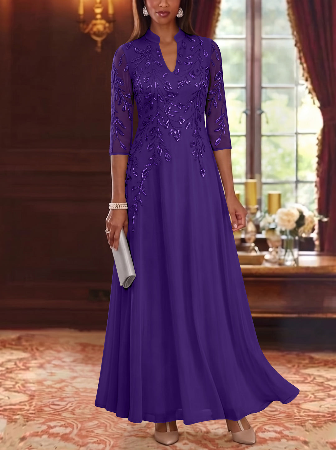 A-Line/Princess V-Neck Chiffon Mother of the Bride Dresses Lace Sequins 3/4 Sleeves Ankle-Length