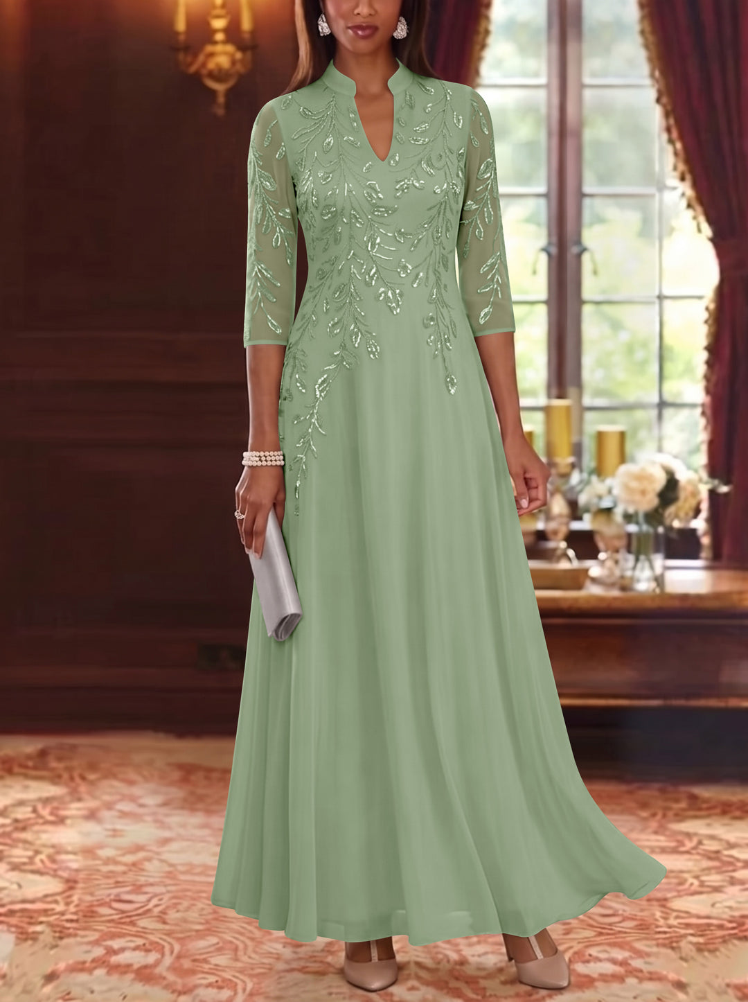 A-Line/Princess V-Neck Chiffon Mother of the Bride Dresses Lace Sequins 3/4 Sleeves Ankle-Length