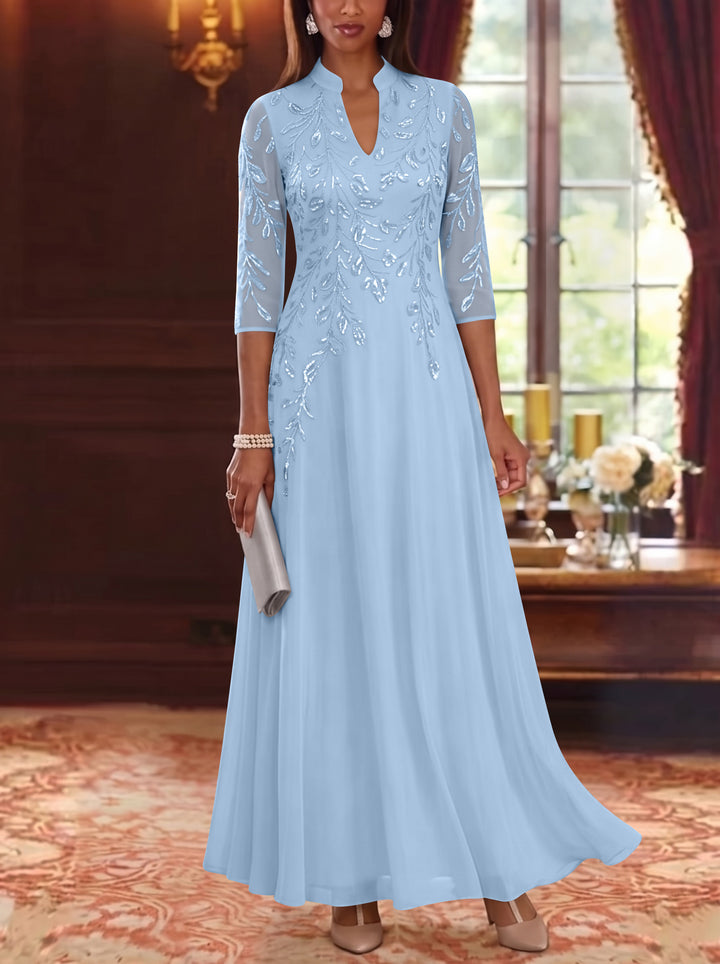 A-Line/Princess V-Neck Chiffon Mother of the Bride Dresses Lace Sequins 3/4 Sleeves Ankle-Length