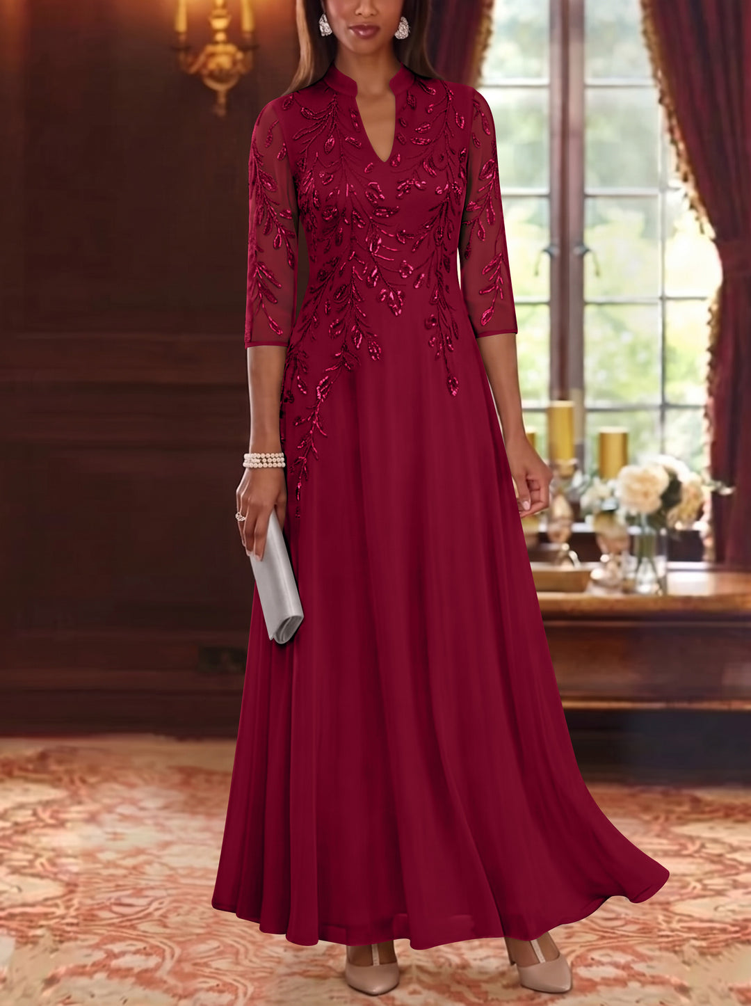 A-Line/Princess V-Neck Chiffon Mother of the Bride Dresses Lace Sequins 3/4 Sleeves Ankle-Length