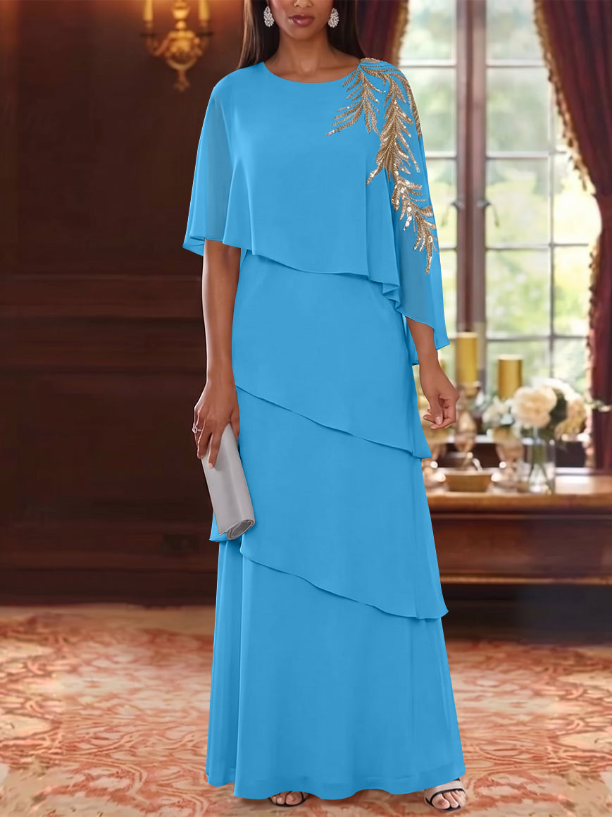 A-Line/Princess Scoop Chiffon Mother of the Bride Dresses Lace Sequins Cape Sleeves Ruffles Floor-Length