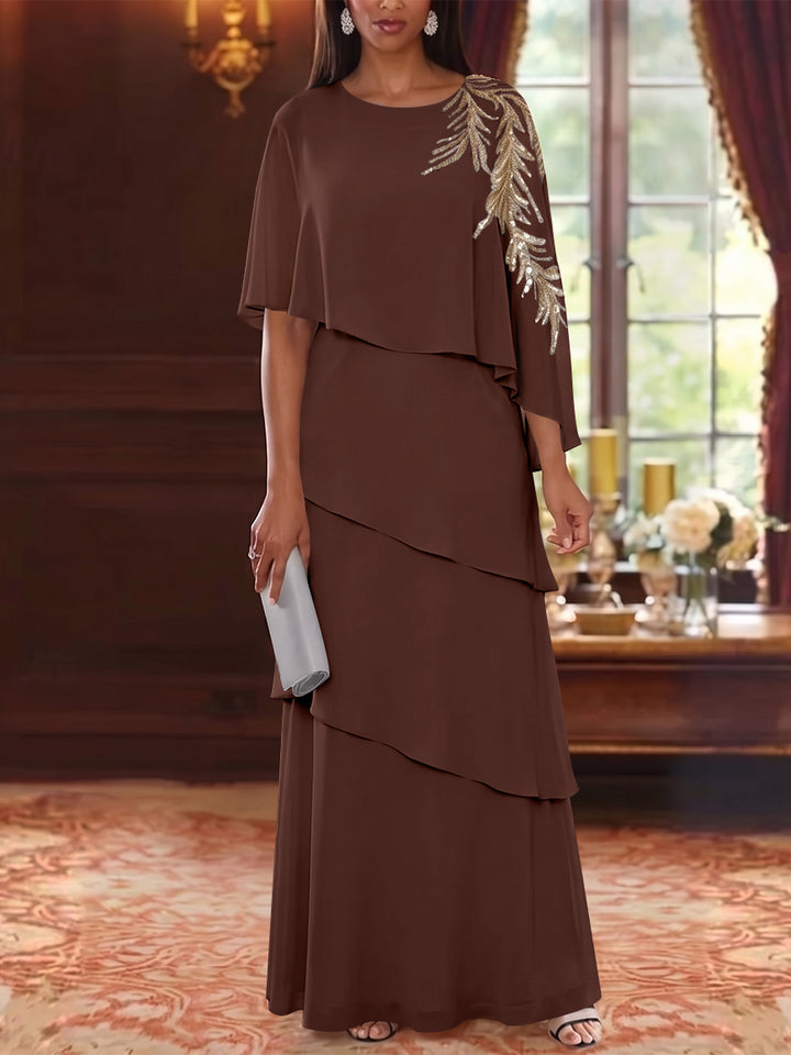 A-Line/Princess Scoop Chiffon Mother of the Bride Dresses Lace Sequins Cape Sleeves Ruffles Floor-Length