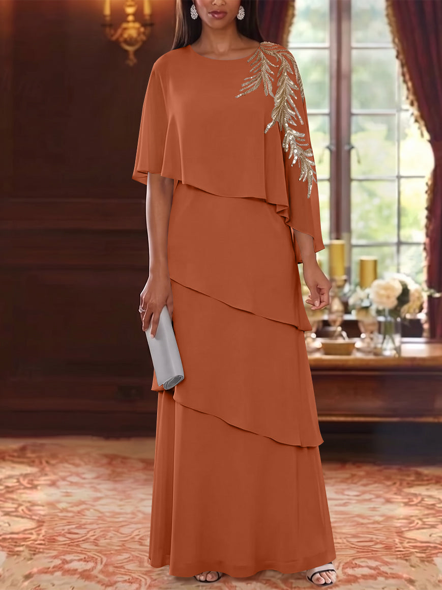 A-Line/Princess Scoop Chiffon Mother of the Bride Dresses Lace Sequins Cape Sleeves Ruffles Floor-Length