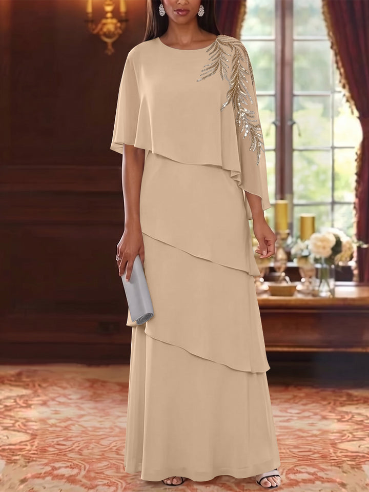 A-Line/Princess Scoop Chiffon Mother of the Bride Dresses Lace Sequins Cape Sleeves Ruffles Floor-Length