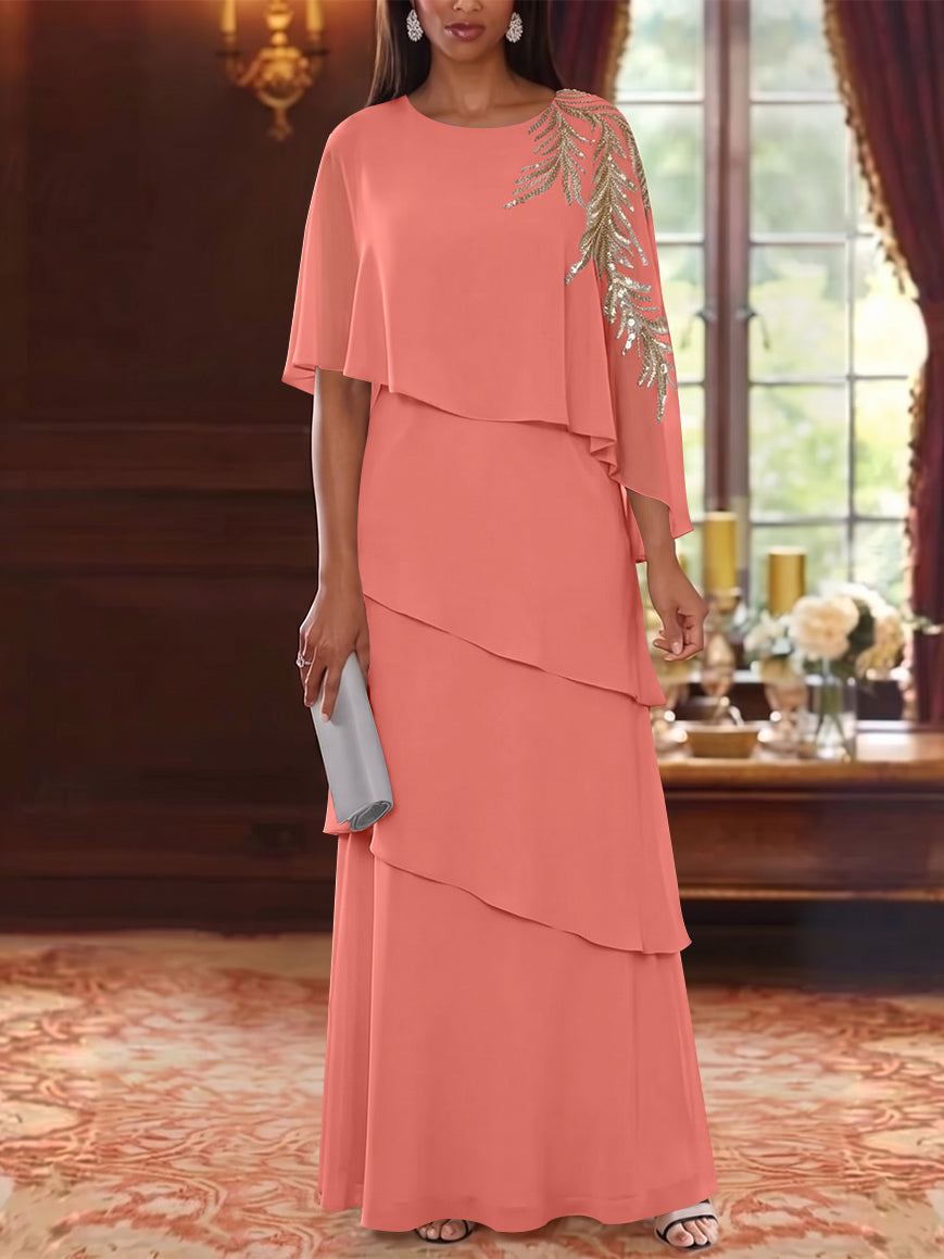 A-Line/Princess Scoop Chiffon Mother of the Bride Dresses Lace Sequins Cape Sleeves Ruffles Floor-Length