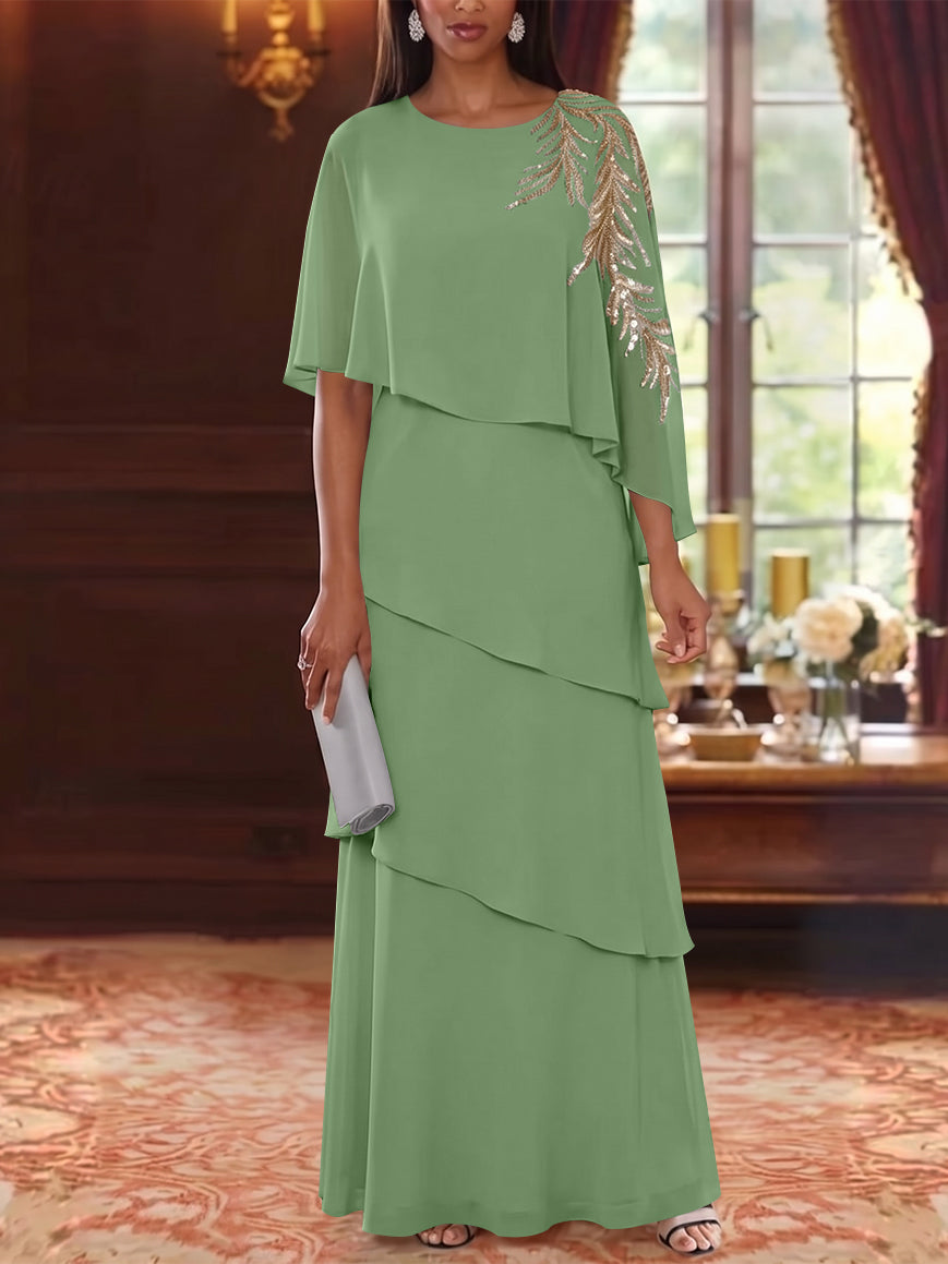 A-Line/Princess Scoop Chiffon Mother of the Bride Dresses Lace Sequins Cape Sleeves Ruffles Floor-Length