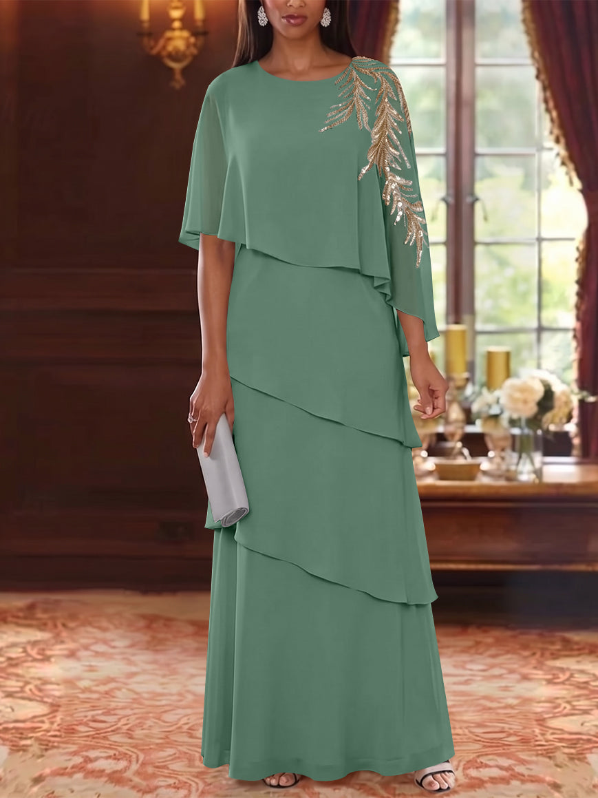 A-Line/Princess Scoop Chiffon Mother of the Bride Dresses Lace Sequins Cape Sleeves Ruffles Floor-Length
