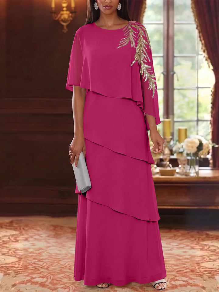 A-Line/Princess Scoop Chiffon Mother of the Bride Dresses Lace Sequins Cape Sleeves Ruffles Floor-Length