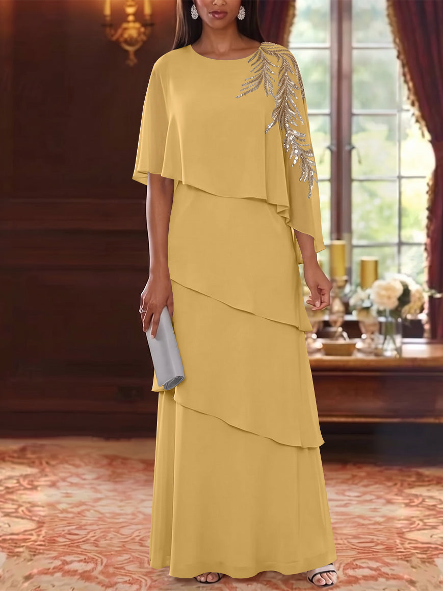 A-Line/Princess Scoop Chiffon Mother of the Bride Dresses Lace Sequins Cape Sleeves Ruffles Floor-Length