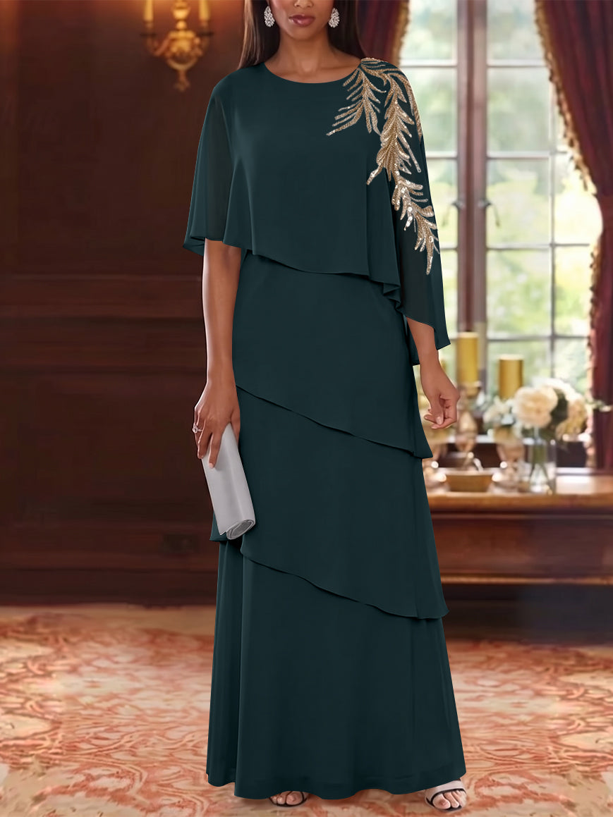 A-Line/Princess Scoop Chiffon Mother of the Bride Dresses Lace Sequins Cape Sleeves Ruffles Floor-Length