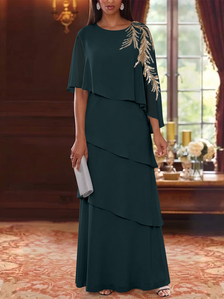 A-Line/Princess Scoop Chiffon Mother of the Bride Dresses Lace Sequins Cape Sleeves Ruffles Floor-Length