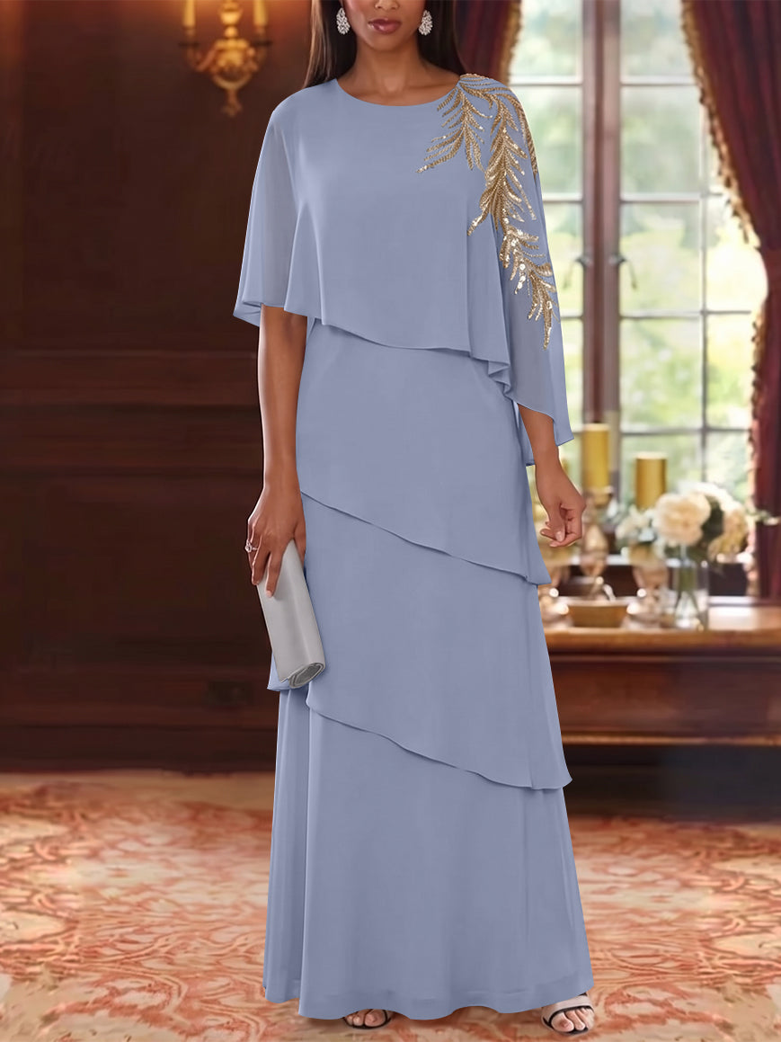 A-Line/Princess Scoop Chiffon Mother of the Bride Dresses Lace Sequins Cape Sleeves Ruffles Floor-Length