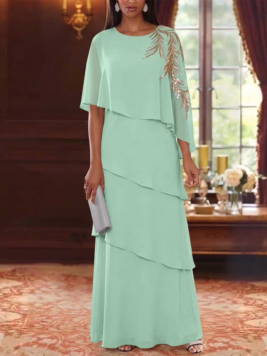 A-Line/Princess Scoop Chiffon Mother of the Bride Dresses Lace Sequins Cape Sleeves Ruffles Floor-Length