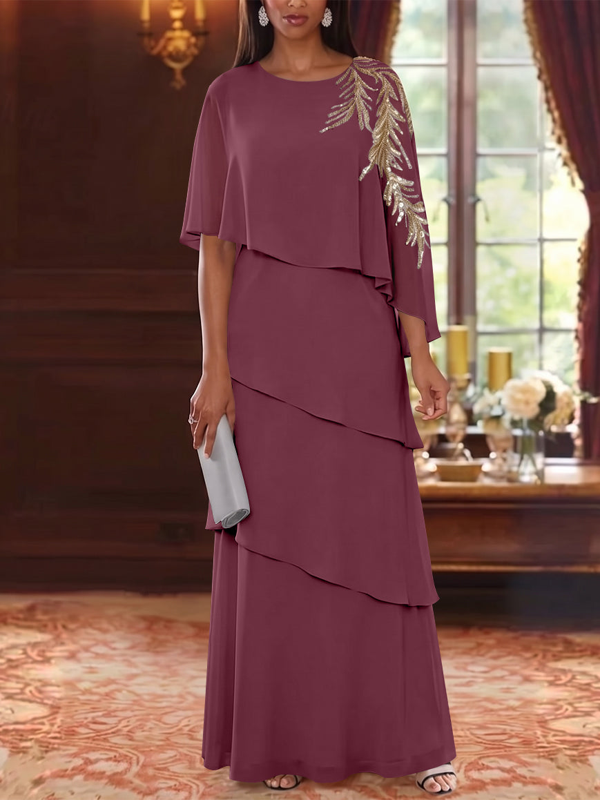 A-Line/Princess Scoop Chiffon Mother of the Bride Dresses Lace Sequins Cape Sleeves Ruffles Floor-Length