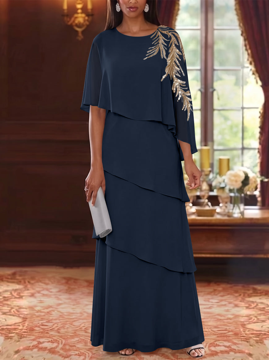 A-Line/Princess Scoop Chiffon Mother of the Bride Dresses Lace Sequins Cape Sleeves Ruffles Floor-Length