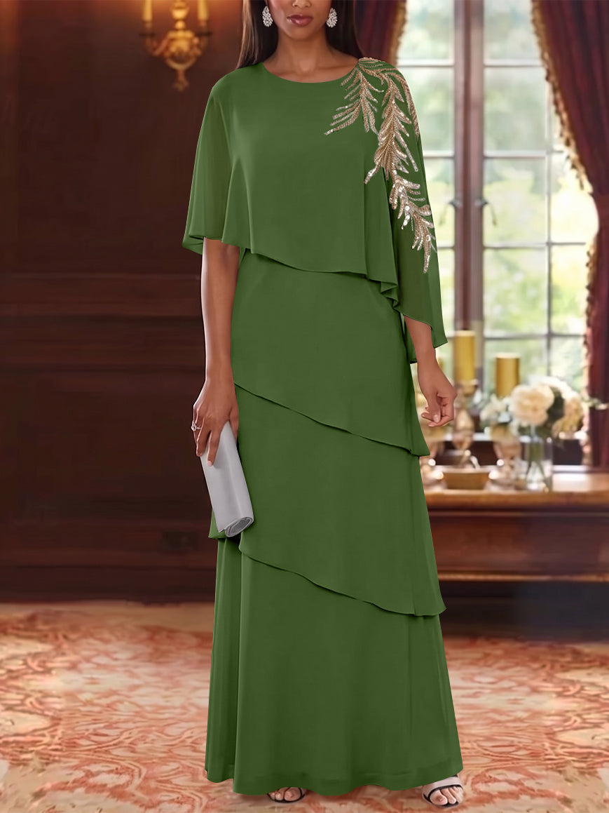 A-Line/Princess Scoop Chiffon Mother of the Bride Dresses Lace Sequins Cape Sleeves Ruffles Floor-Length