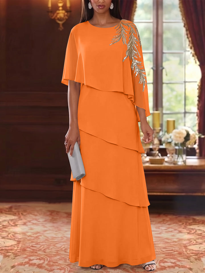 A-Line/Princess Scoop Chiffon Mother of the Bride Dresses Lace Sequins Cape Sleeves Ruffles Floor-Length