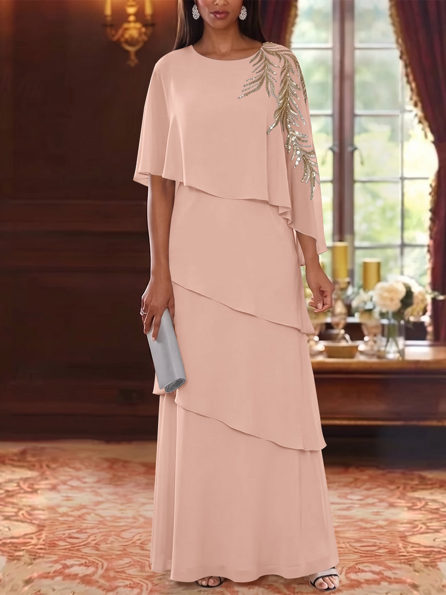 A-Line/Princess Scoop Chiffon Mother of the Bride Dresses Lace Sequins Cape Sleeves Ruffles Floor-Length